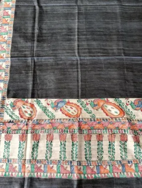 Black Madhubani Hand Painted Pure Tussar Silk Dupatta