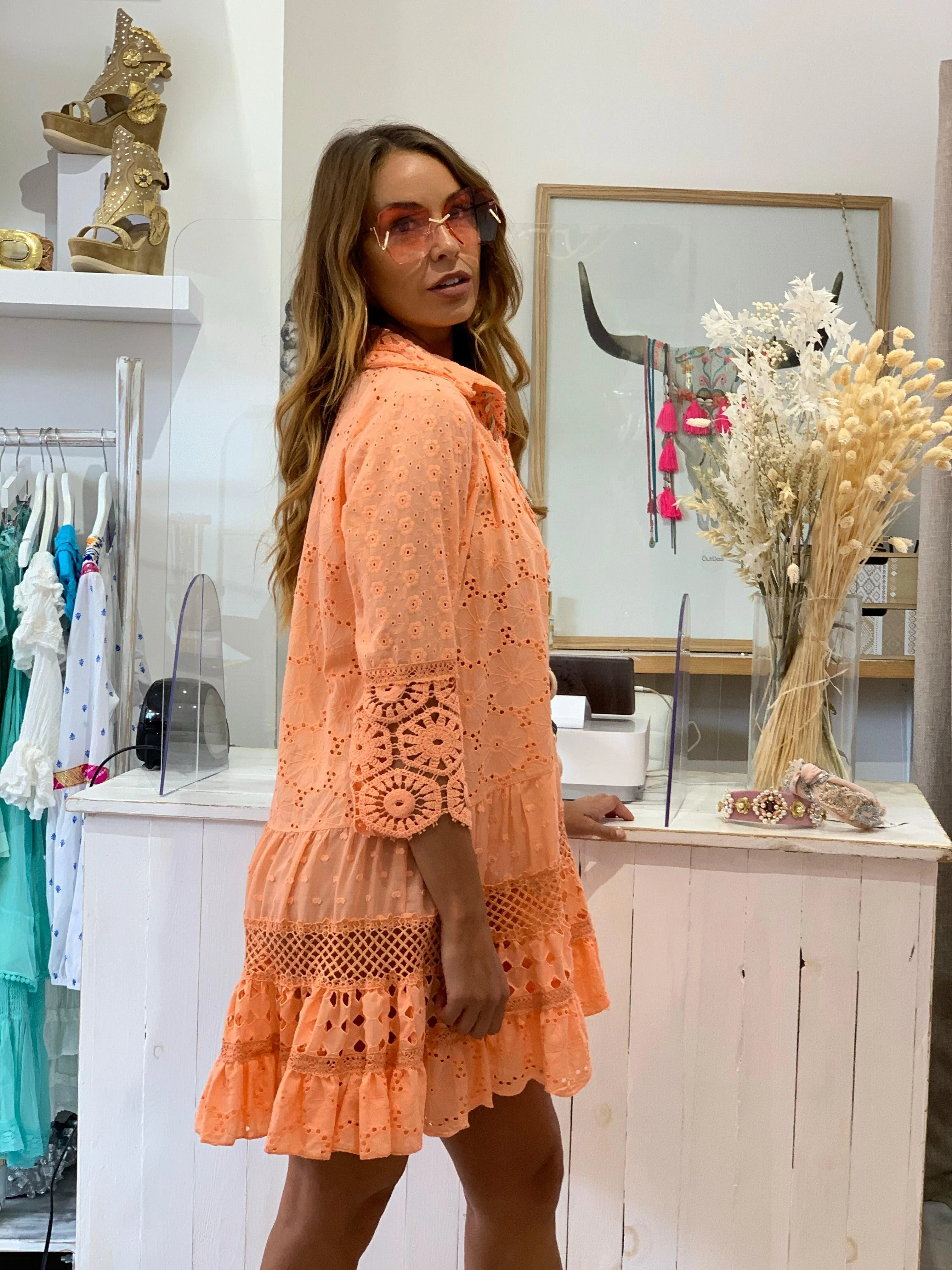 Broderie Anglais tunic dress Oasis in Neon Coral