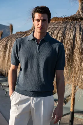 Ocean textured knit polo with zip - Made in Italy